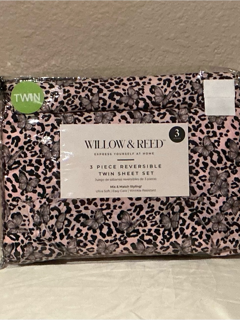 Pink & Black Leopard Butterfly 3-Piece Reversible Twin Sheet Set